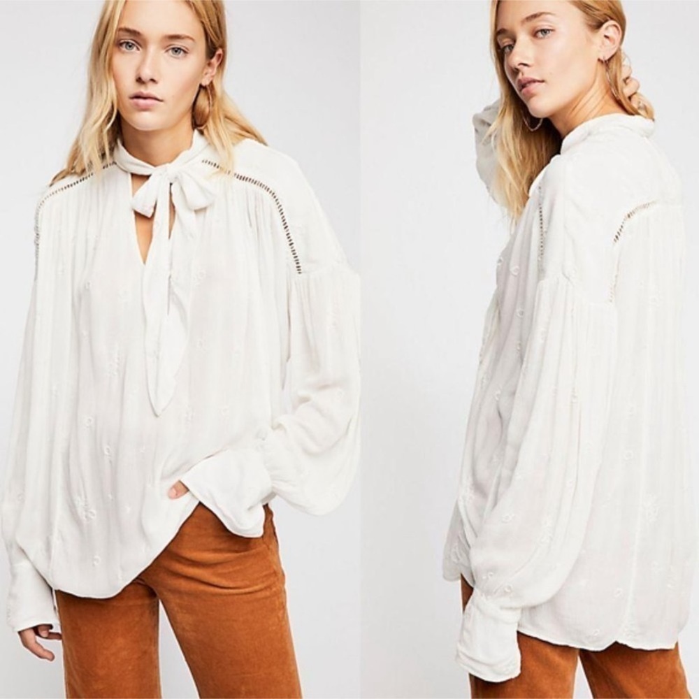 Free People Wishful Moments Tie Neck White Blouse Size‎ Medium Women